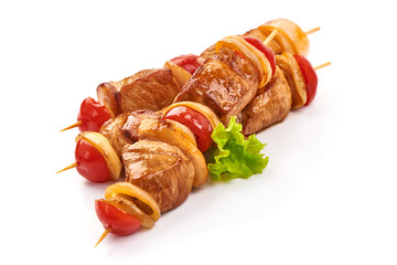 Roasted pork kebab. Grilled meat skewers and vegetables BBQ, isolated on white background