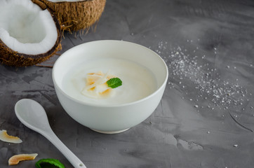 Homemade coconut yogurt in a bowl with crispy coconut chips on top on a dark concrete background. Healthy breakfast. Vegan food. Horizontal orientation. Copy space.