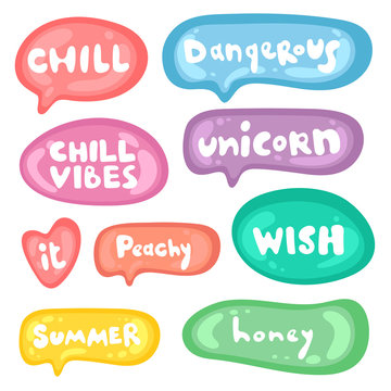 Collection of vector multicolored glossy stickers on white background. Teens millenials culture. Set of stickers on different shapes. Cool expression, slang, comics, gaming style, web, speech bubbles