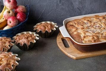 pie or muffin with apples on a plate in blue classic color with tea in the kitchen