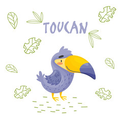 Cute cartoon toucan in jungle on a white backgrount. Element for print, postcard and decor. Vector illustration  