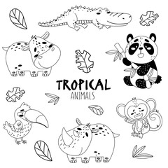 Black and white set cute tropical animals isolated background. In the picture are a hippo, a crocodile, a panda, a monkey, a rhino, a parrot. Stylized inscription and sketch of tree leaves