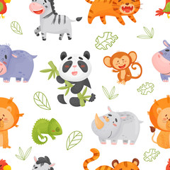 Color vector seamless pattern with cute tropical animals. Shows hippo, parrot, zebra, tiger, panda, monkey, lion, chameleon, rhinoceros and sheets of tropical trees on an isolated white background