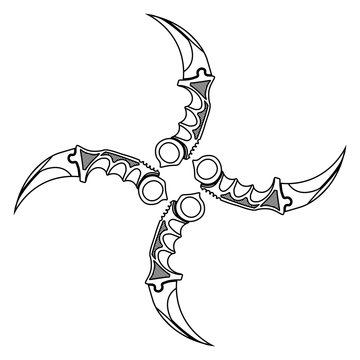 Contour sketch of four pocket knives karambits