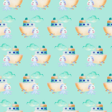 seamless pattern with colorful boat, jellyfish and green clodus