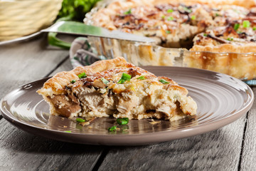 Slice of tart with chicken amd mushrooms