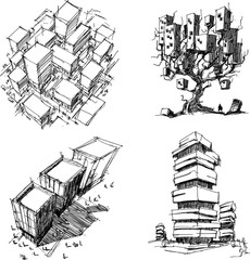 four hand drawn architectectural sketches of a modern abstract architecture and fantastic treehouse and generic city urbanism structure and buildings