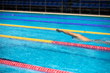 Athletic man swimming in front crawl style in the swimming pool with clear blue water.