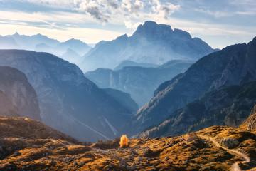 Mountain canyon lighted by bright sunbeams at sunset in autumn. Dolomites, Italy. Landscape with mountain ridges, rocks, colorful trees with orange leaves, alpine meadows, blue sky, sunlight in fall