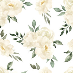 Seamless pattern with white and peach color flowers, isolated on white background