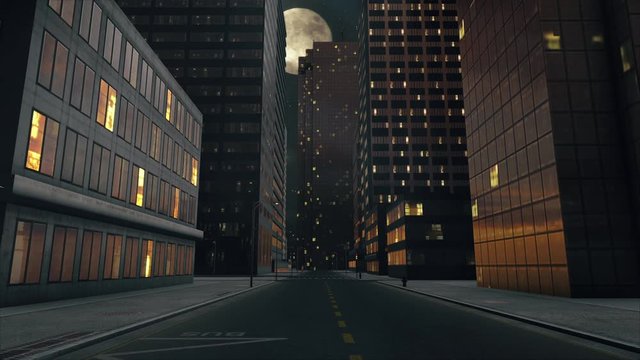 3D animation of an empty city street at night 2