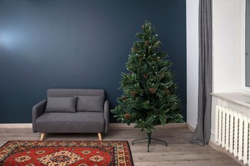 Interior with gray seventies style sofa, carpet and Christmas tree with cones in an empty room with...