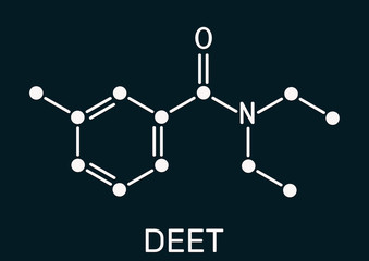 DEET, diethyltoluamide, N,N-Diethyl-meta-toluamide C12H17NO  molecule. It is active ingredient in insect repellents. Skeletal chemical formula on the dark blue background