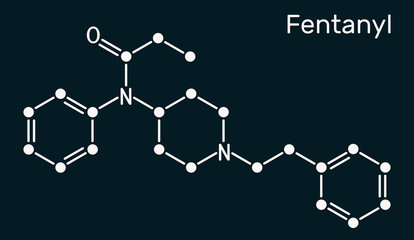 Fentanyl, fentanil,  C22H28N2O molecule. It is opioid analgesic. Structural chemical formula on the dark blue background