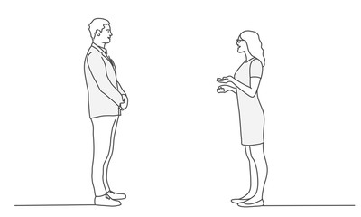 Man and woman standing and talking to each other. Business people. Line drawing vector illustration.