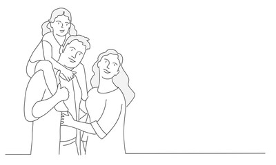 Happy family, mother. Daughter sits on father's shoulders. Line drawing vector illustration.
