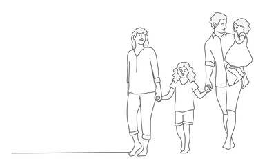 Happy family father, mother and two daughters. Line drawing vector illustration.