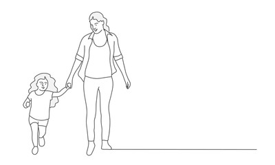 Mother and daughter go holding hands. Line drawing vector illustration.