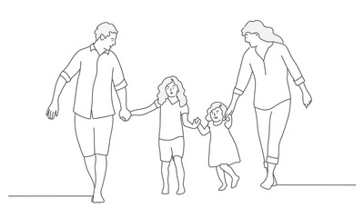 Happy family father, mother and two daughters go holding hands. Line drawing vector illustration.