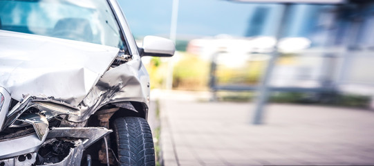car crash accident on street, damaged automobiles after collision in city. Panorama