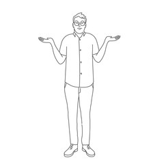 Line drawing vector illustration of man shrugs and spreads his hands. Gesture oops, sorry or I do not know.