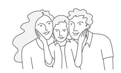 Happy family father, mother and daughter. Girl hugs parents. Line drawing vector illustration.