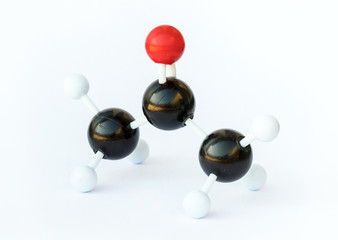 Ball-and-stick-model of an acetone molecule (chemical formula (CH3)2CO) on a white background. Acetone is the smallest ketone and is commonly used as a solvent.