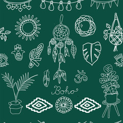 Vector repeating pattern BOHO symbols on emerald green background, white outlines: dreamcatcher, hamsa hand, flowers in pot, macrame, monastera, om, hanging bulbs..