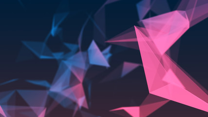 Blurred abstract background of multiple connected triangles. Digital futuristic business wallpaper. Mosaic. Colored polygonal space. 3d rendering.