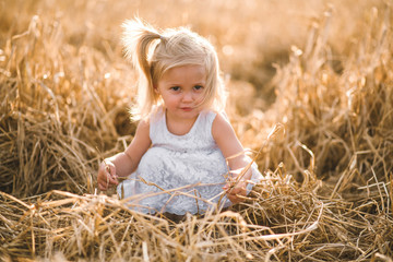 Naklejka na ściany i meble beautiful little girl in with blond hair on a wheat field background. Little princess