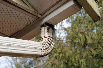 Dirty house exterior clogged gutter and downspout