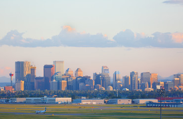 View of Calgary SkyIine and International Airport at Sunset, Alberta, Canada