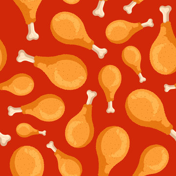 Fried Crispy Chicken Legs Seamless Pattern On Red Background. Cartoon Fast Food Drumsticks Cooking Texture Flat Vector Illustration