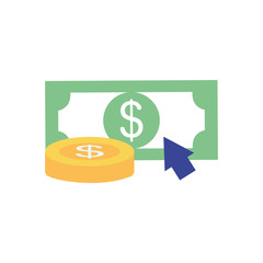 money coin and bill with cursor icon, flat style
