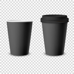 Vector 3d Realistic Black Disposable Opened and Closed Paper or Plastic Coffee Cup for Drinks with Black Lid Icon Set Closeup Isolated. Design Template, Mockup. Front View