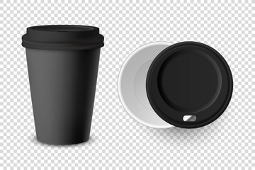 Vector 3d Realistic Black Disposable Closed and Opened Paper, Plastic Coffee Cup for Drinks with Black Lid Set Closeup Isolated on Transparent Background. Design Template, Mockup. Top and Front View