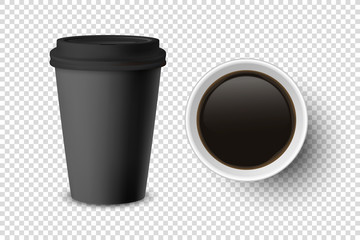 Vector 3d Realistic Black Disposable Closed and Opened Paper, Plastic Coffee Cup for Drinks with Black Lid Set Closeup Isolated. Design Template, Mockup. Top and Front View