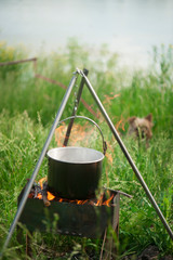 Boiled crayfish cooking in a cauldron at the stake