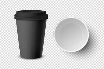 Vector 3d Realistic Black Disposable Closed and Opened Paper, Plastic Coffee Cup for Drinks with Black Lid Set Closeup Isolated. Design Template, Mockup. Top and Front View