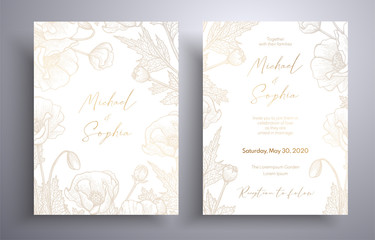 Golden invitation with frame of leaves and flowers. Botanical template with space for your text. Beautiful cards that can be used for design cover, invitation, greeting cards, brochure and etc