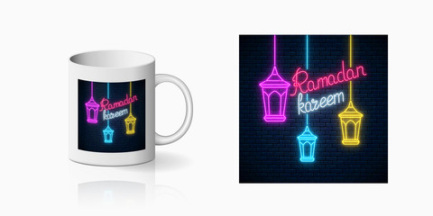 Neon ramadan islam holy month symbol for cup design. Ramadan greeting text with fanus lanterns design, banner in neon style on mug mockup. Vector shiny design element
