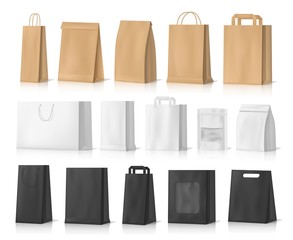 Fototapeta Paper bag mockups of shopping, gifts and food packages realistic vector design. White, brown and black bags or boxes, made of craft paper or cardboard with cord handles and transparent windows obraz