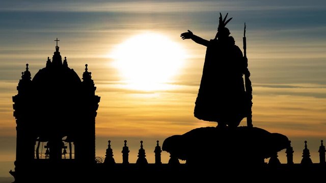 Cuzco: Time Lapse at Sunset with Statue of Inca King Pachacutec in Plaza de Armas, Cusco, Peru