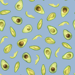 Seamless pattern with watercolor avocado. Vegetarian  pattern. Watercolor healthy food background. Background with vegetables. 