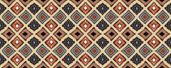 Ikat geometric folklore ornament with diamonds. Tribal ethnic vector texture. Seamless striped pattern in Aztec style. Folk embroidery. Indian, Scandinavian, Gypsy, Mexican, African rug.
