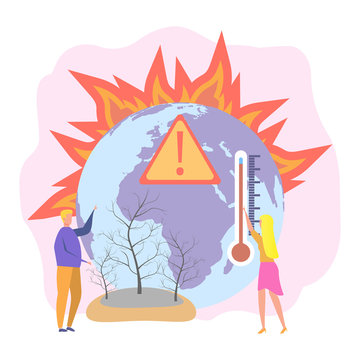 Changing of the climate. Burnt earth, fire in the forest, pollution of the planet. Global warming, greenhouse gas emissions. Colorful vector illustration.