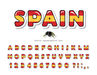 Spain cartoon font. Spanish national flag colors. Paper cutout glossy ABC letters and numbers. Bright alphabet for tourism t-shirt, cap design. Vector