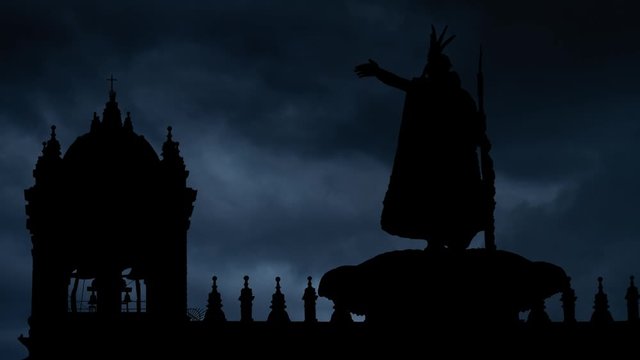 Statue of Inca King Pachacutec with Thunderstorm and Lightning, Plaza de Armas, Cusco, Peru