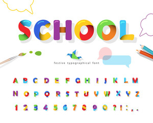 School 3d puzzle font. Cartoon paper cut out ABC letters and numbers. Colorful alphabet for kids. For web, education, comic design. Vector