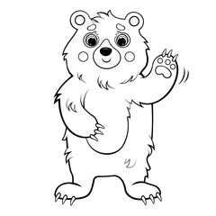 Coloring page outline of a waving cartoon bear. Vector image isolated on white background. Coloring book of forest wild animals for kids